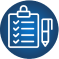 Icon of a clipboard with a checklist and a pen on a blue circle background, symbolizing organized Real Estate Development.