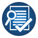 A blue circular icon featuring a magnifying glass examining a real estate document with a checkmark in the foreground.