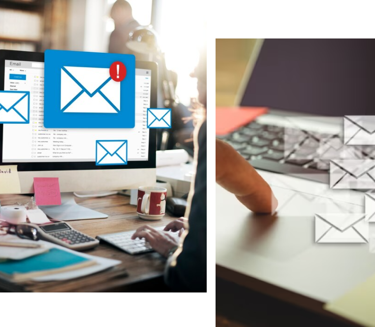 A person works on a desktop computer displaying multiple email notifications, managing information efficiently. Next to it, a close-up of a hand using a laptop with email icons shown on the screen reveals the risk of digital overload.