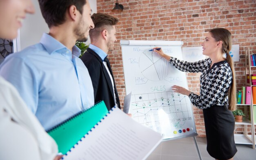 A woman presents a Risk Management Assessment on a flip chart to three colleagues in a modern office