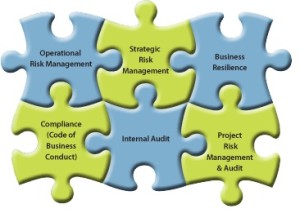 An interconnected set of seven puzzle pieces labeled with different aspects of enterprise risk management.