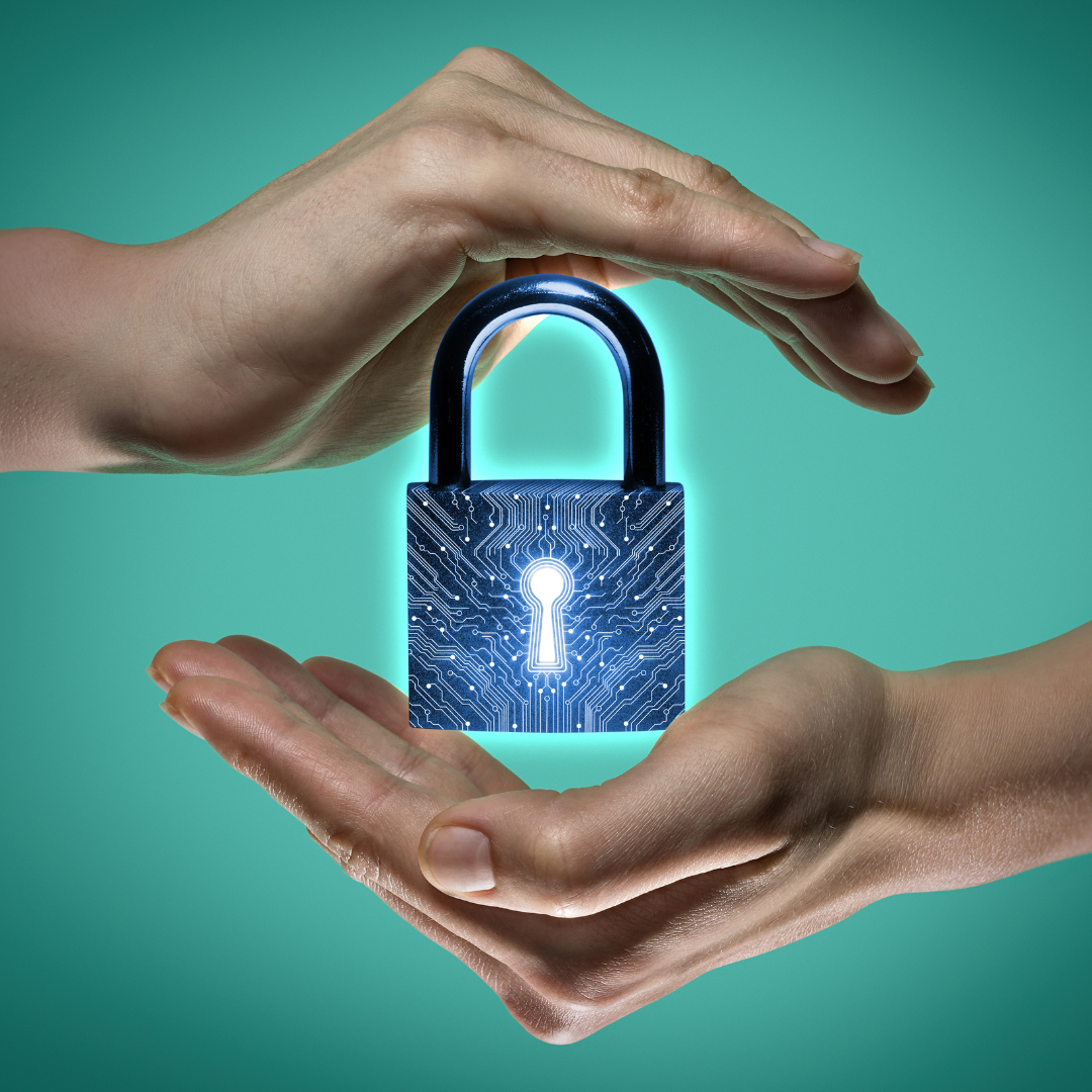 Two hands form a protective circle around a glowing blue padlock with a circuit board design, symbolizing digital security