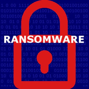 Red padlock with the word "Ransomware" in white over a blue background filled with binary code.