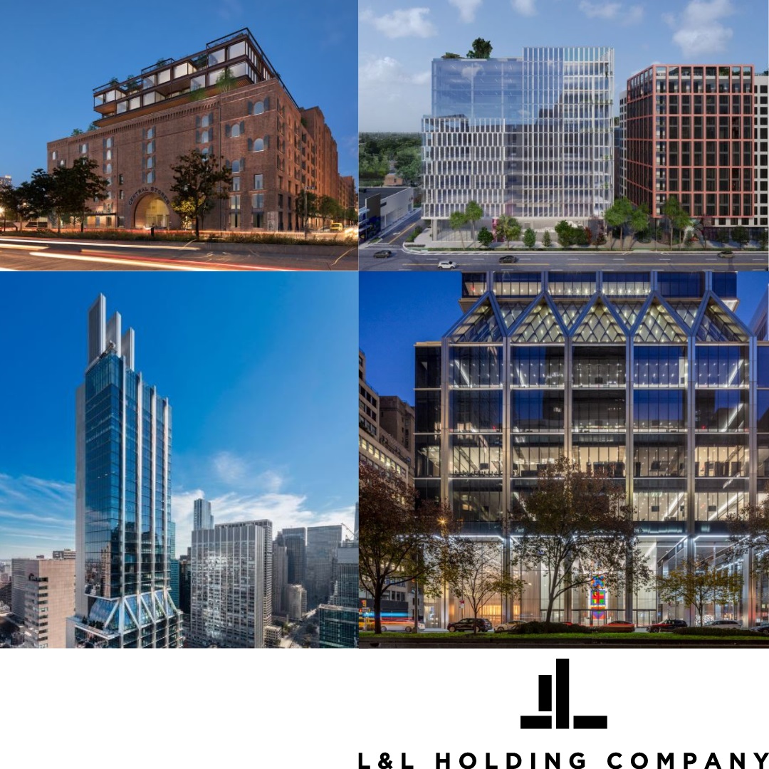 Four modern buildings, each with distinct architectural styles, displayed in a grid format. The logo and text "L&L Holding Company" appear at the bottom