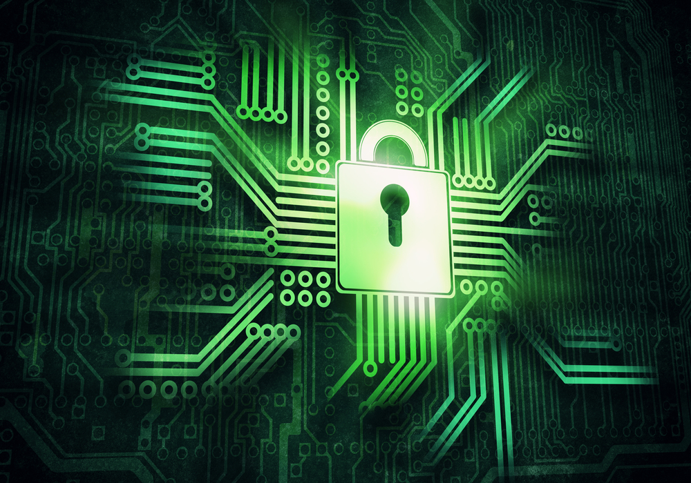 A glowing green padlock icon is embedded within a digital circuit board design, symbolizing cybersecurity and data protection.