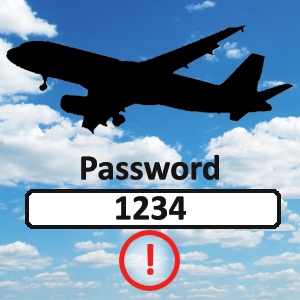 A silhouette of an airplane in the sky with the text "Password" and a box marked "1234" below it.