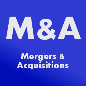 Blue background with the text "M&A" in large white letters and "Healthcare Mergers & Acquisitions" in smaller white letters below.