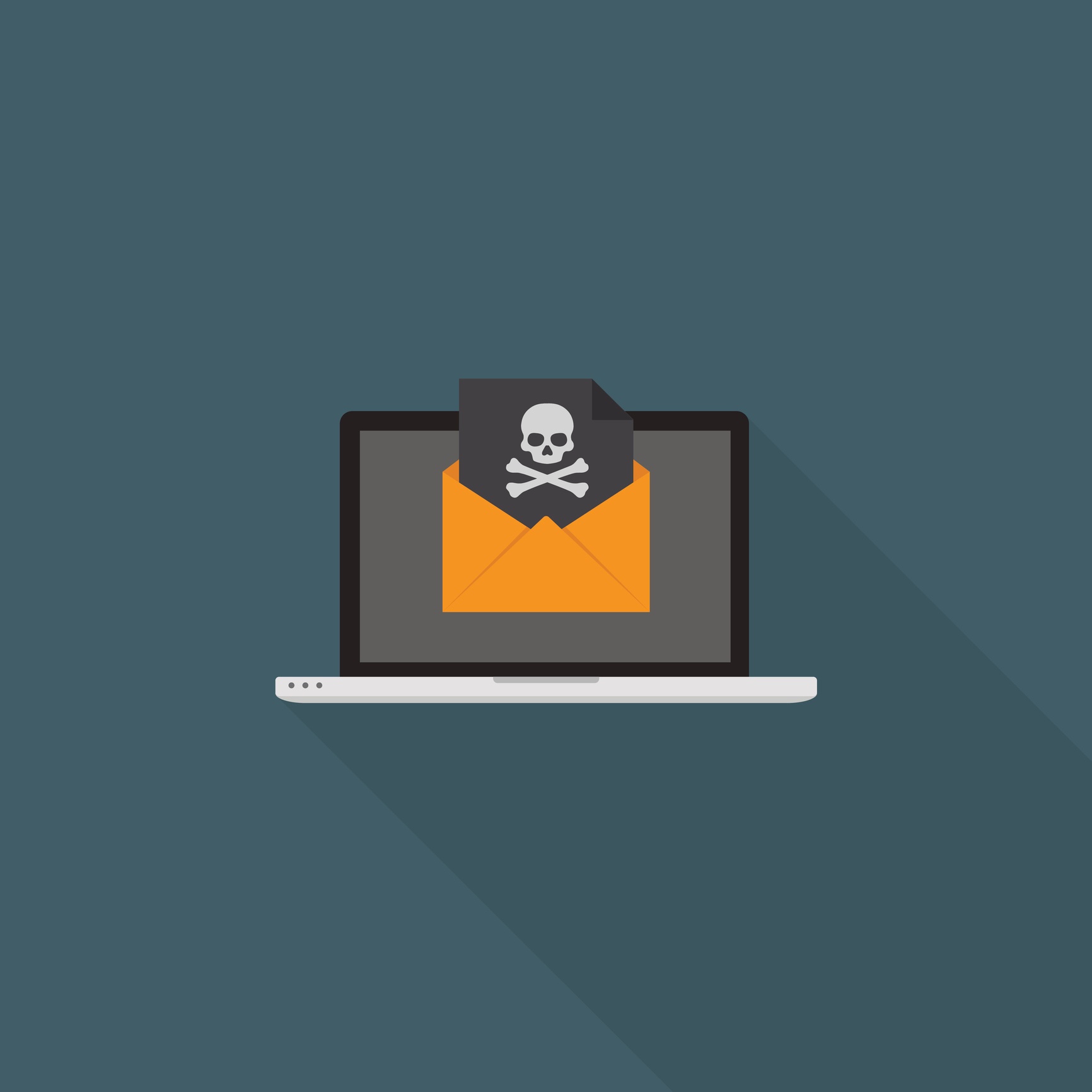 A laptop screen displays an orange envelope with a black paper showing a skull and crossbones, indicating a malware or virus threat.