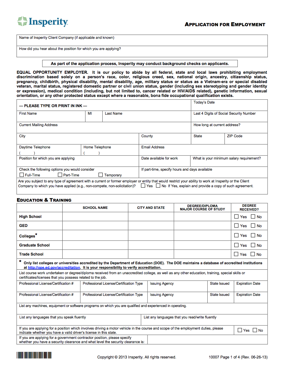 An employment application form from Insperity and The ALS Group