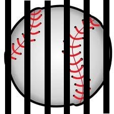 A baseball is depicted behind black vertical bars, creating the appearance that it is imprisoned or confined.