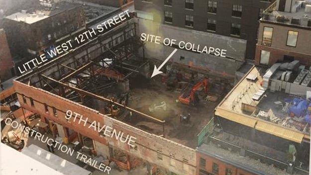 Aerial view of a construction site at the intersection of Little West 12th Street and 9th Avenue, showing a collapsed area