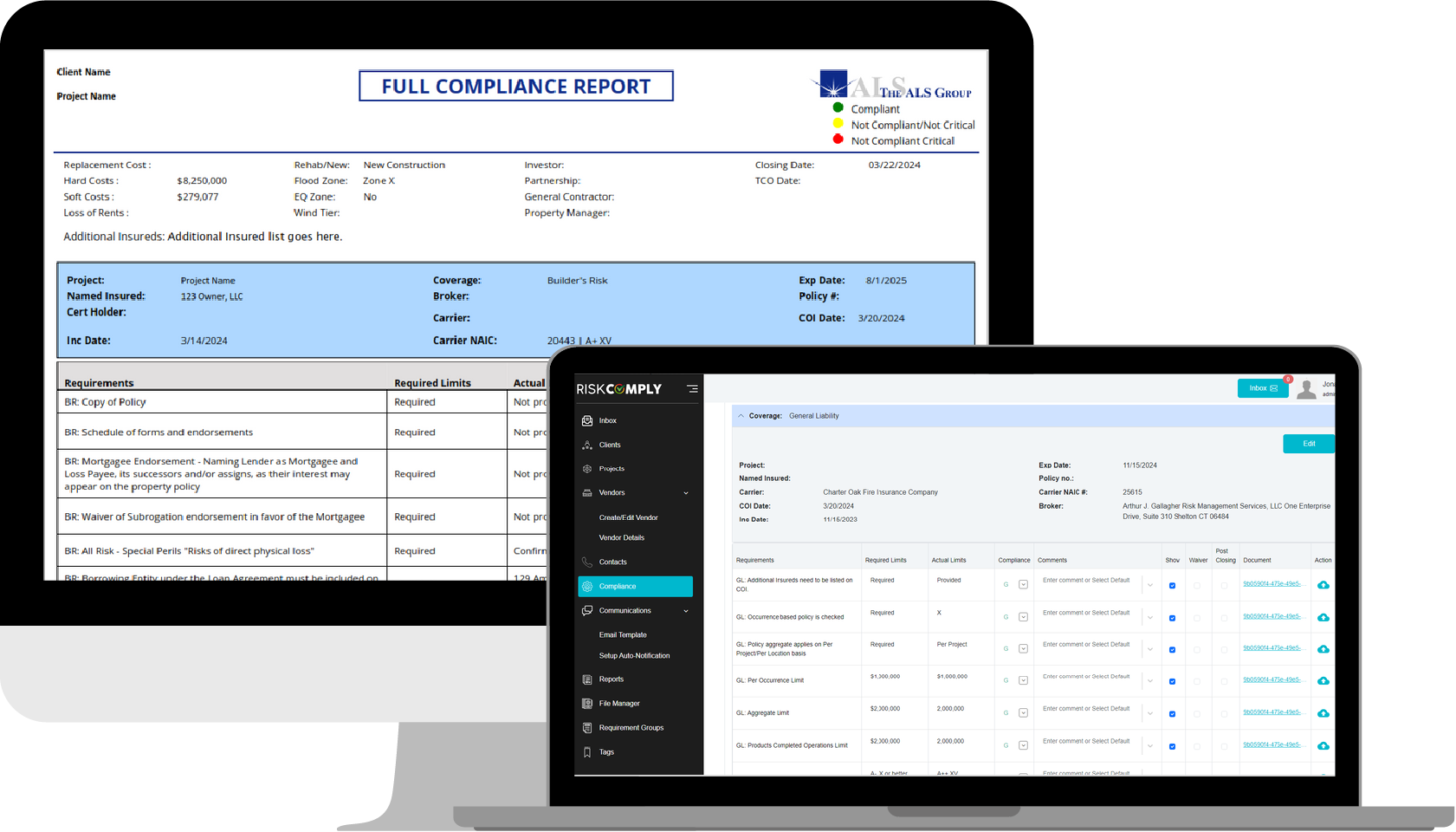 A desktop monitor shows a compliance report, while a laptop displays Vendor Insurance Compliance Management software