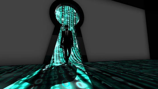 A person in a suit is walking towards a keyhole-shaped entrance emitting green binary code, creating a digital-themed atmosphere.