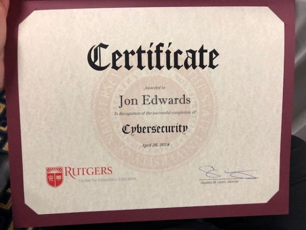 Certificate awarded to Jon Edwards for successfully completing a Cybersecurity course