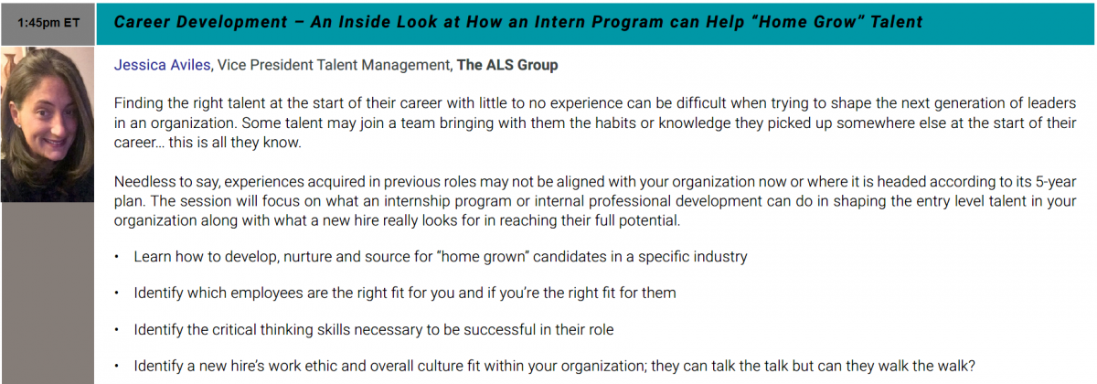 Join us for a career development session focused on nurturing internal talent, led by Jessica Aviles, Vice President of Talent Management at The ALS Group.