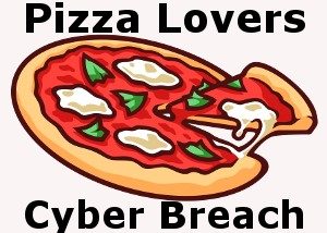 Illustration of a pizza with a slice being pulled out, accompanied by the text "Pizza Lovers Cyber Breach".