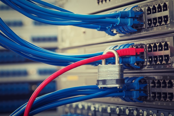 A close-up of a server rack with multiple blue network cables connected highlights the importance of cyber risk management.