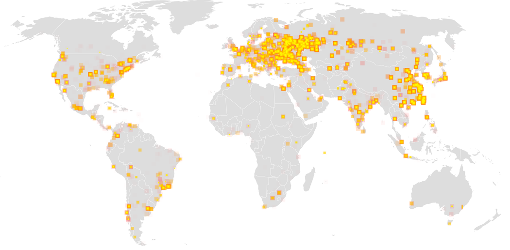 A world map highlighting locations with a high density of activity in Europe, Russia, India, and parts of North and South America