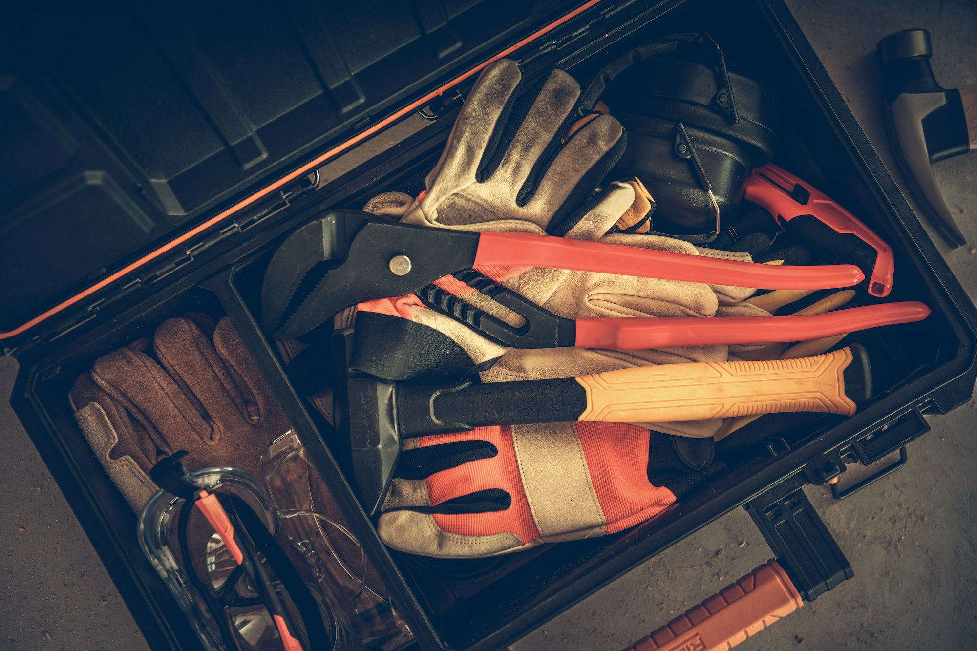 Contractor Toolbox with Tools, Gloves and Glasses