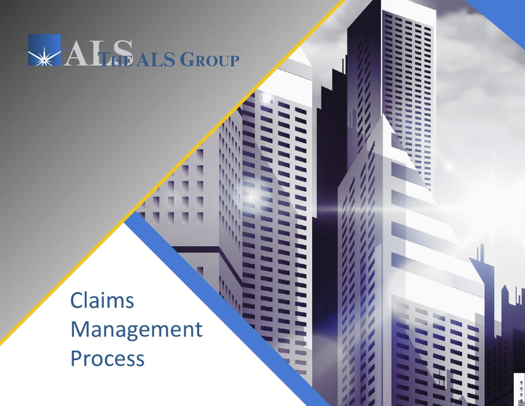 Cover image for "Claims Management Process" by The ALS Group, featuring a stylized skyline of tall buildings with a gradient background.